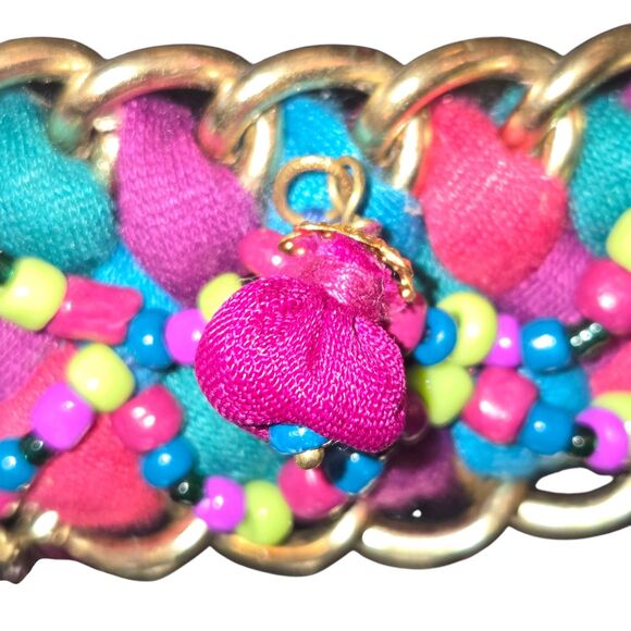 Chico's Multicolored Beaded Braided Fabric & Gold Tone Chain Belt OS/48" Long - Picture 2 of 12